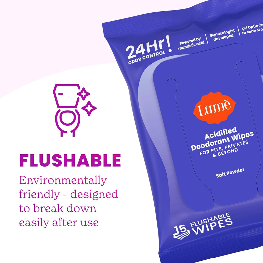 Lume Acidified Deodorant Wipes - 24 Hour Odor Control - Whole Body Deodorant Wipes - Aluminum Free. Baking Soda Free. Skin Loving - Flushable - 15 Count - 3 Pack (Soft Powder)
